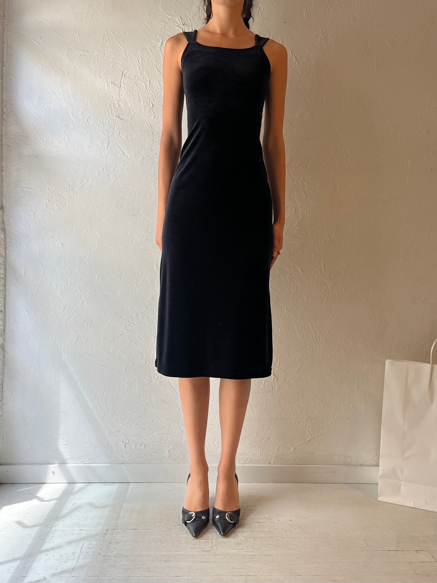 90s ‘Euro Mode’ Black Velvet Midi Dress / Small