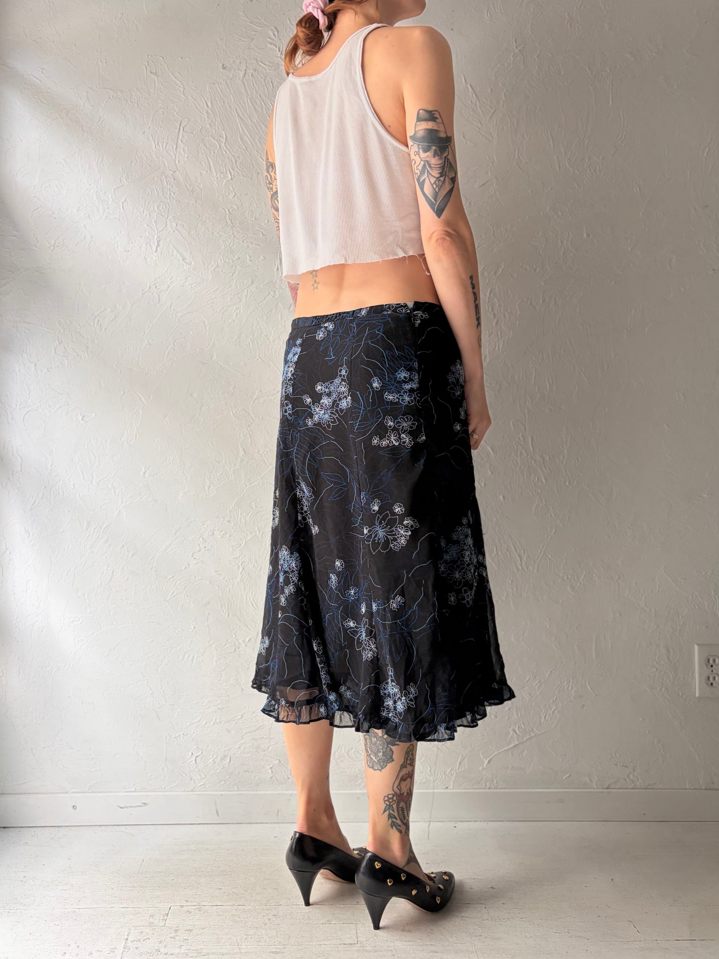 90s 'Sag Harbor' Black Floral Grunge Midi Summer Skirt / Medium