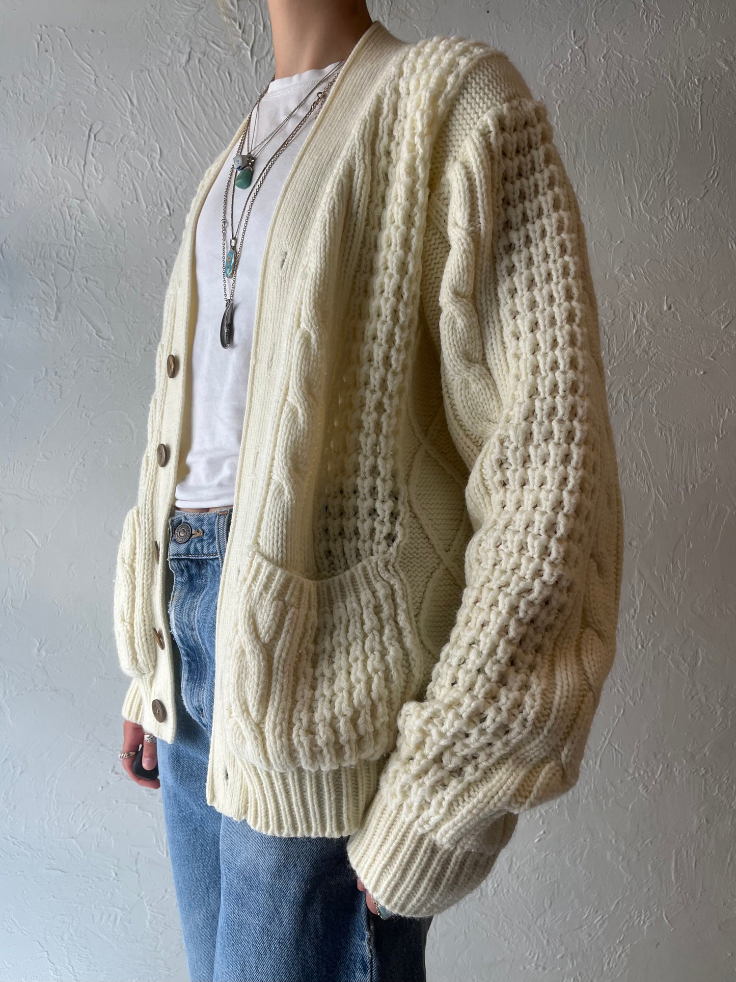 70s 'Sears' Cream Acrylic Cable Knit Cardigan Sweater / Medium