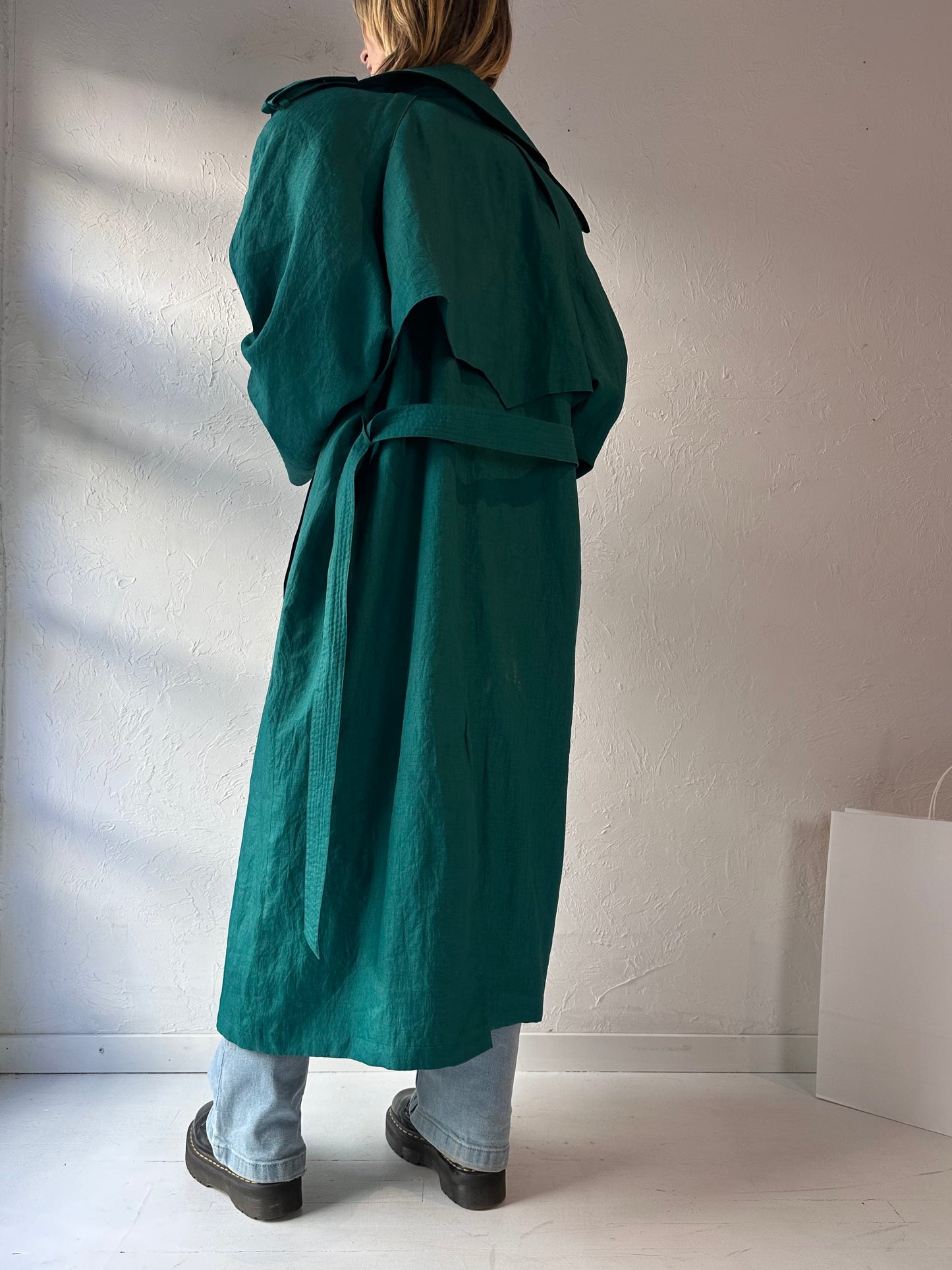 90s 'British Mist' Green Lined Trench Coat / Medium - Large