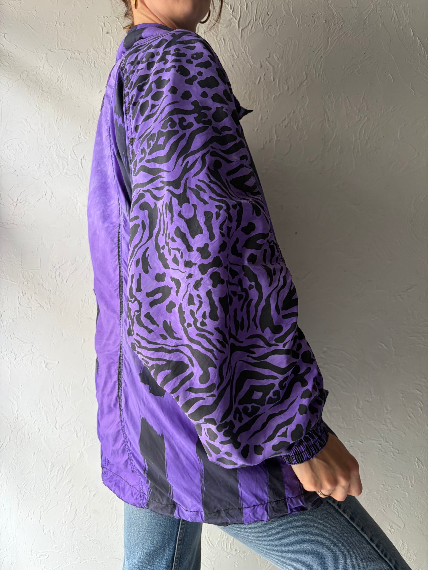 90s 'Dress the Bone' Purple Retro Bold Grunge Animal Print Pull Over Ski Jacket / Large