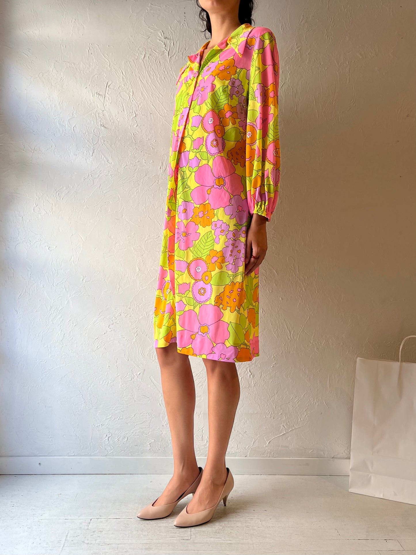 70s ‘Le Voys’ Retro Long Sleeve Shirt Dress / Medium