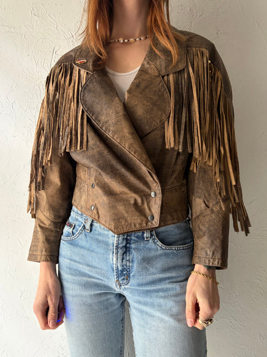 80s 'Pelican Cove' Brown Leather Western Fringe Jacket / Small