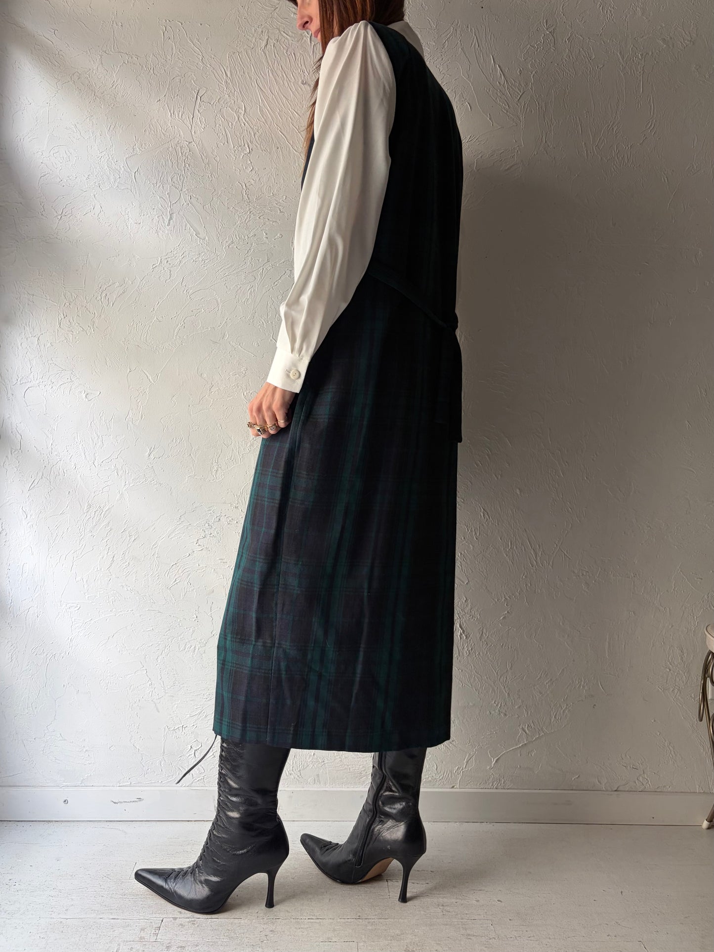 80s 'Jessica' Plaid Academia Tailored Maxi Dress / Vintage 1980s Mod Office Wear Dress / Medium