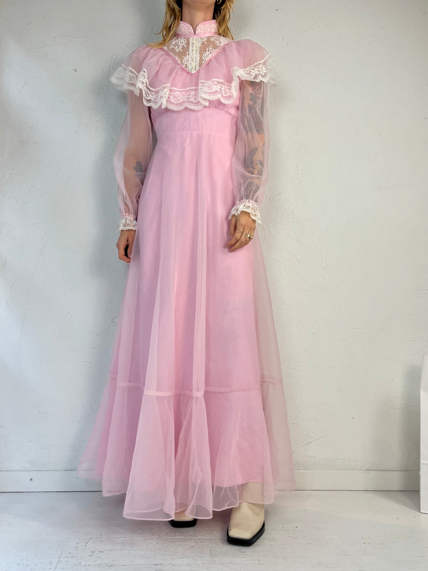 Vintage 1970s Pink Cottage Core Maxi Dress / Union Made / Small
