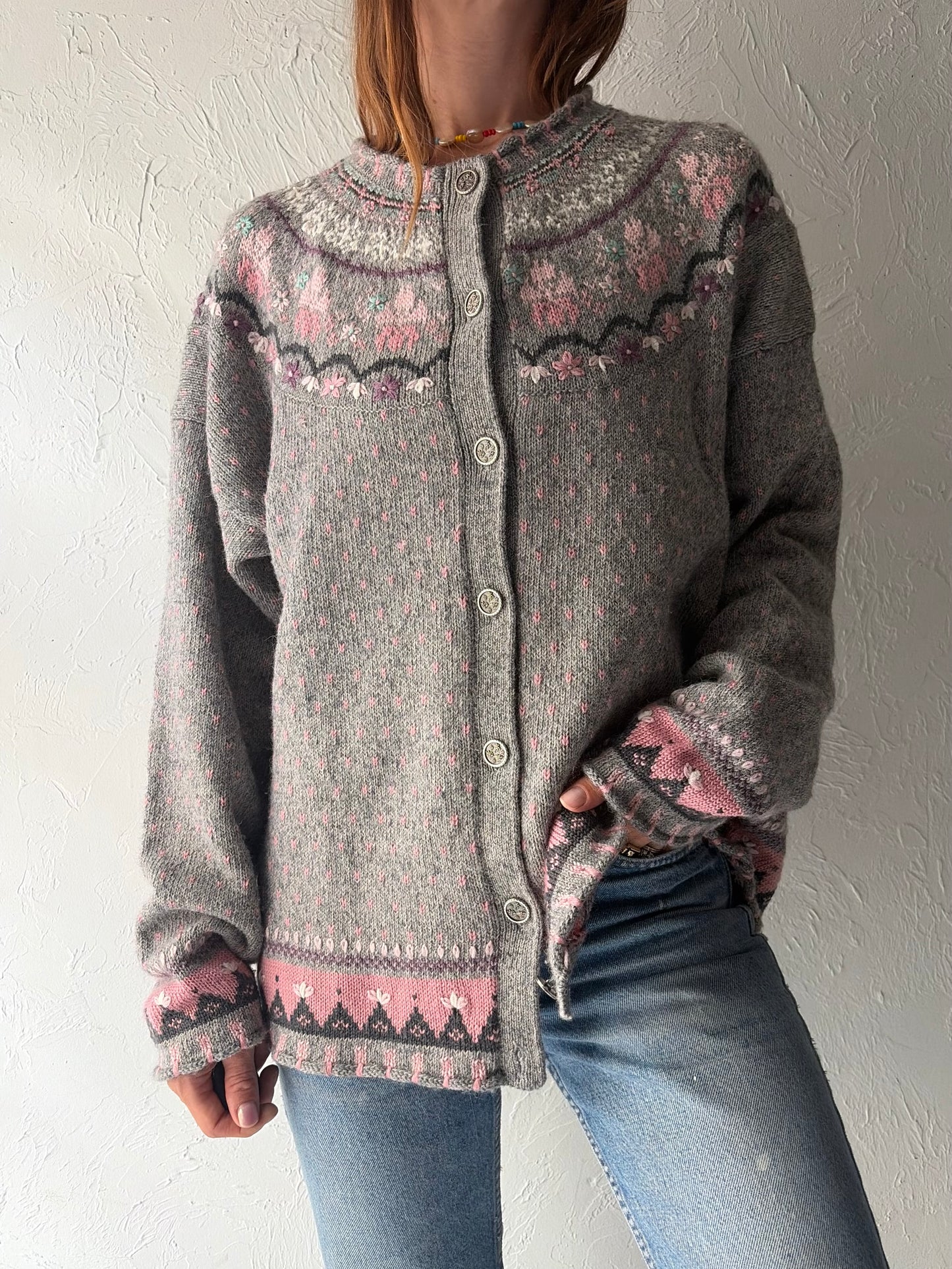 90s 'Northern Reflections' Grey Knit Cottagecore Cardigan Sweater / XL
