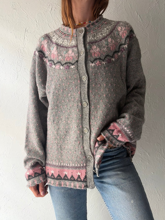90s 'Northern Reflections' Grey Knit Cottagecore Cardigan Sweater / XL