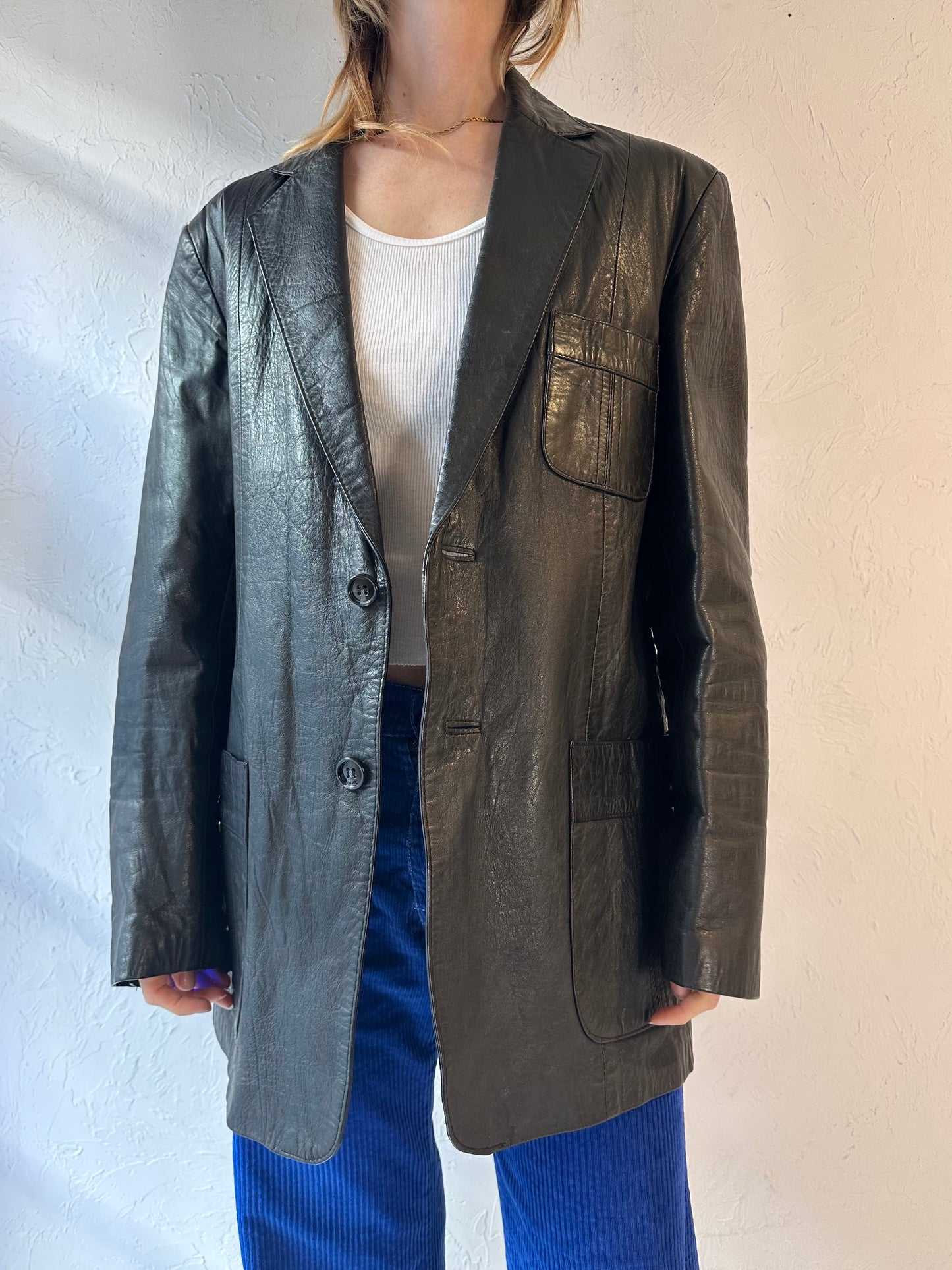 90s 'Ballymoor' Black Leather Blazer Jacket / Large