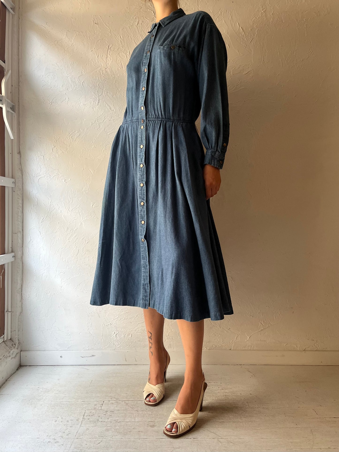 90s 'Alain Toussaint' Denim Western Cowgirl Long Sleeve Snap Up Cottagecore Dress / Medium