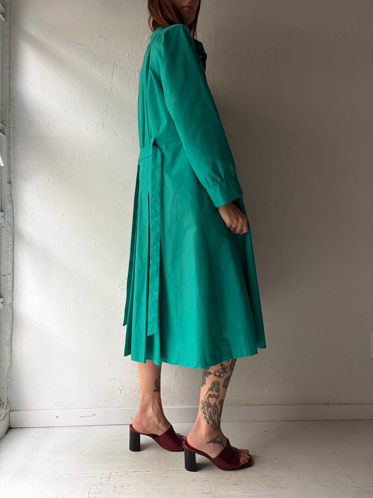 90s 'J. Gallery' Green Trench Coat / Vintage 90s Retro Minimalist Long Rain Jacket / Small