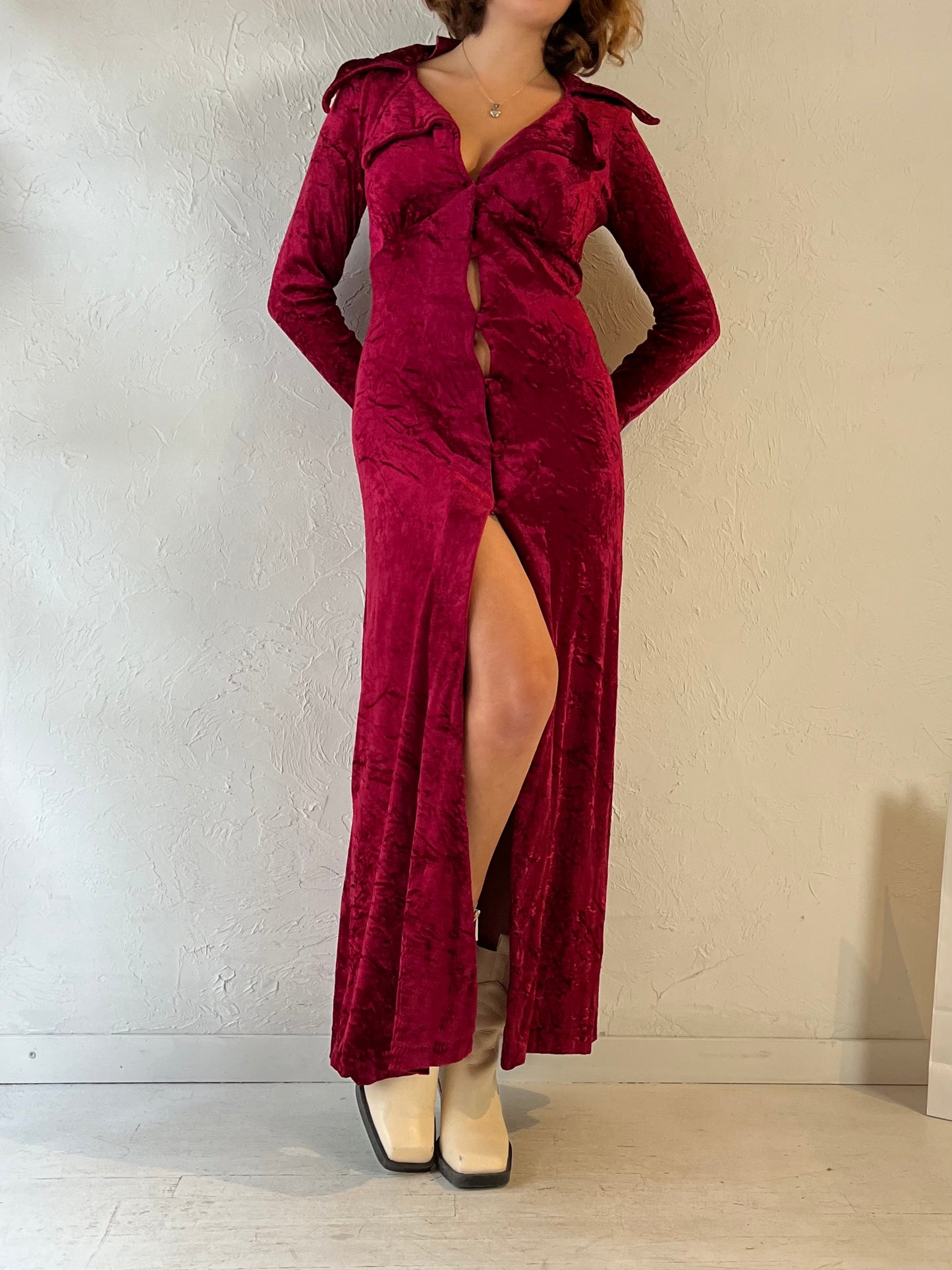 70s 'Katherines' Red Crushed Velvet Duster Dress / Small