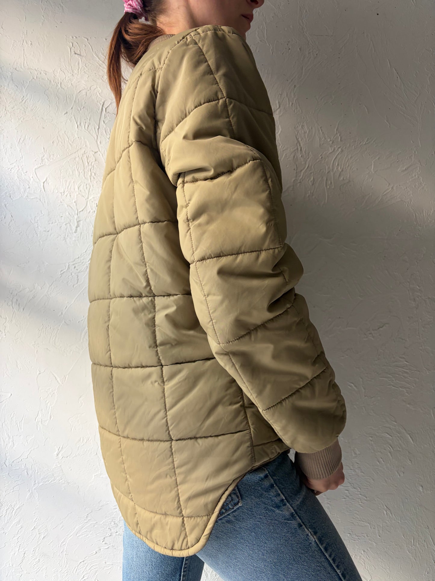 80s 'Esquire' Beige Quilted Minimalist Puffy Reversible Jacket / Vintage 1980s Neutral Lightweight Normcore Winter Outerwear / Small