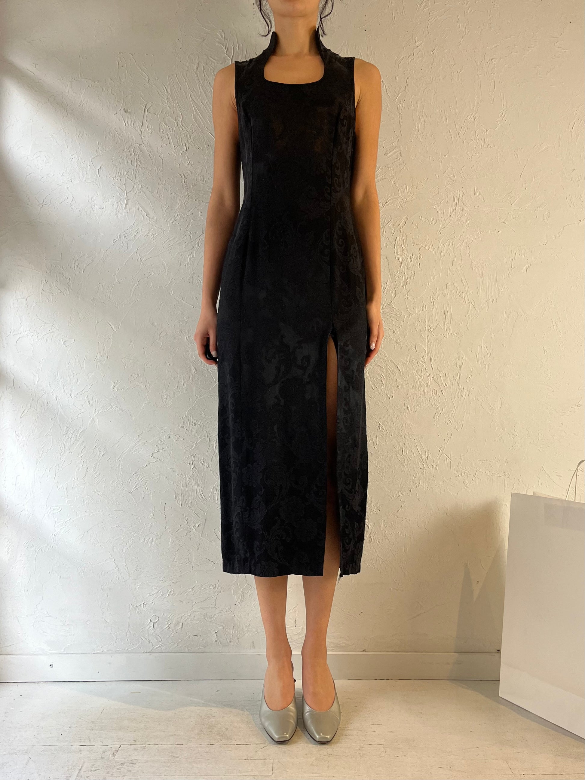 90s ‘Le Chateau’ Black Embossed Midi Dress / Small