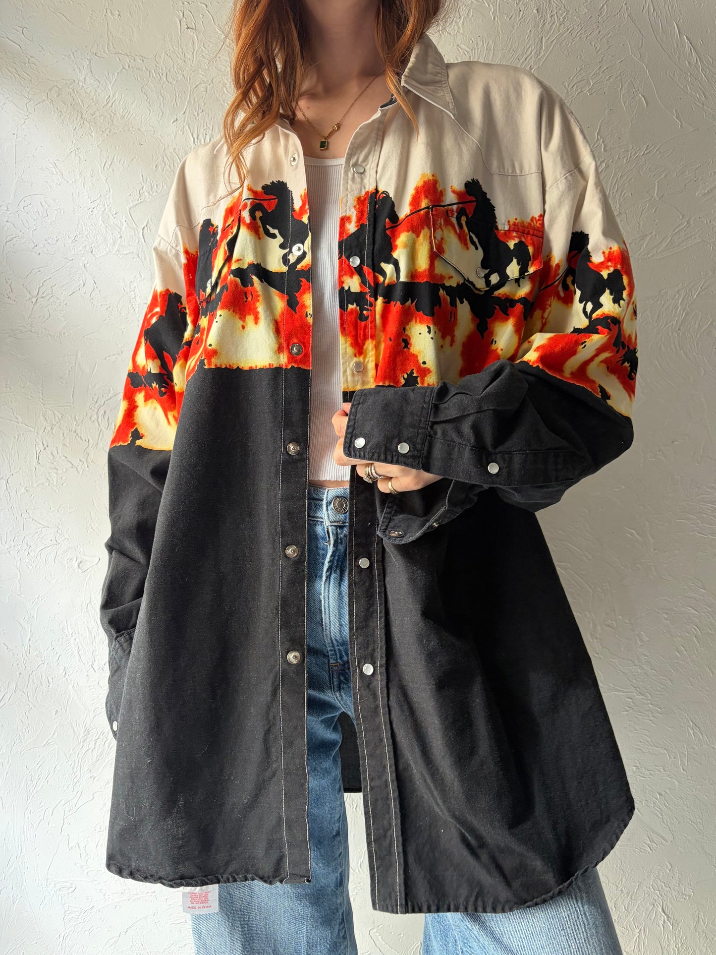 90s 'Ash Creek' Western Pearl Snap Horse Print Shirt / XL