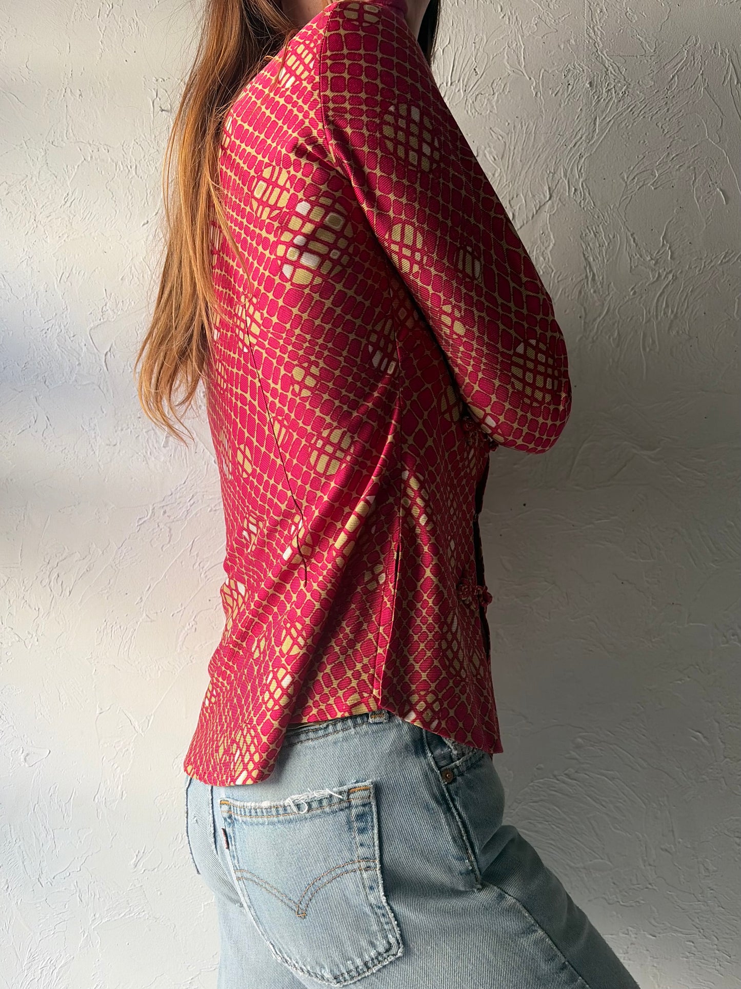 Vintage Pink Abstract Print Retro Mandarin Collared Romantic Asian Inspired Tops / Small