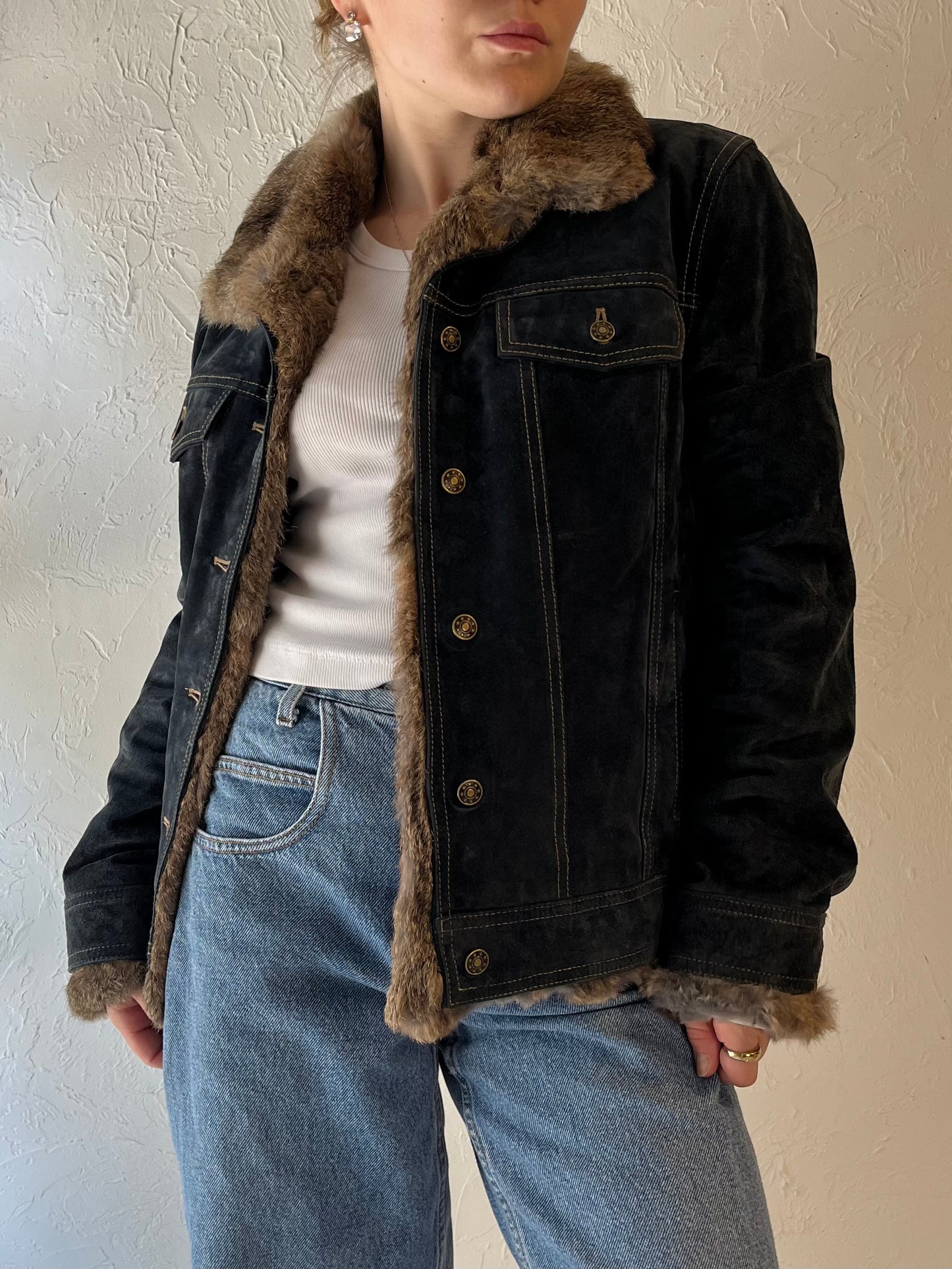 Y2k 'Wilsons Leather' Blue Suede Jacket with Rabbit Fur Trim / Medium