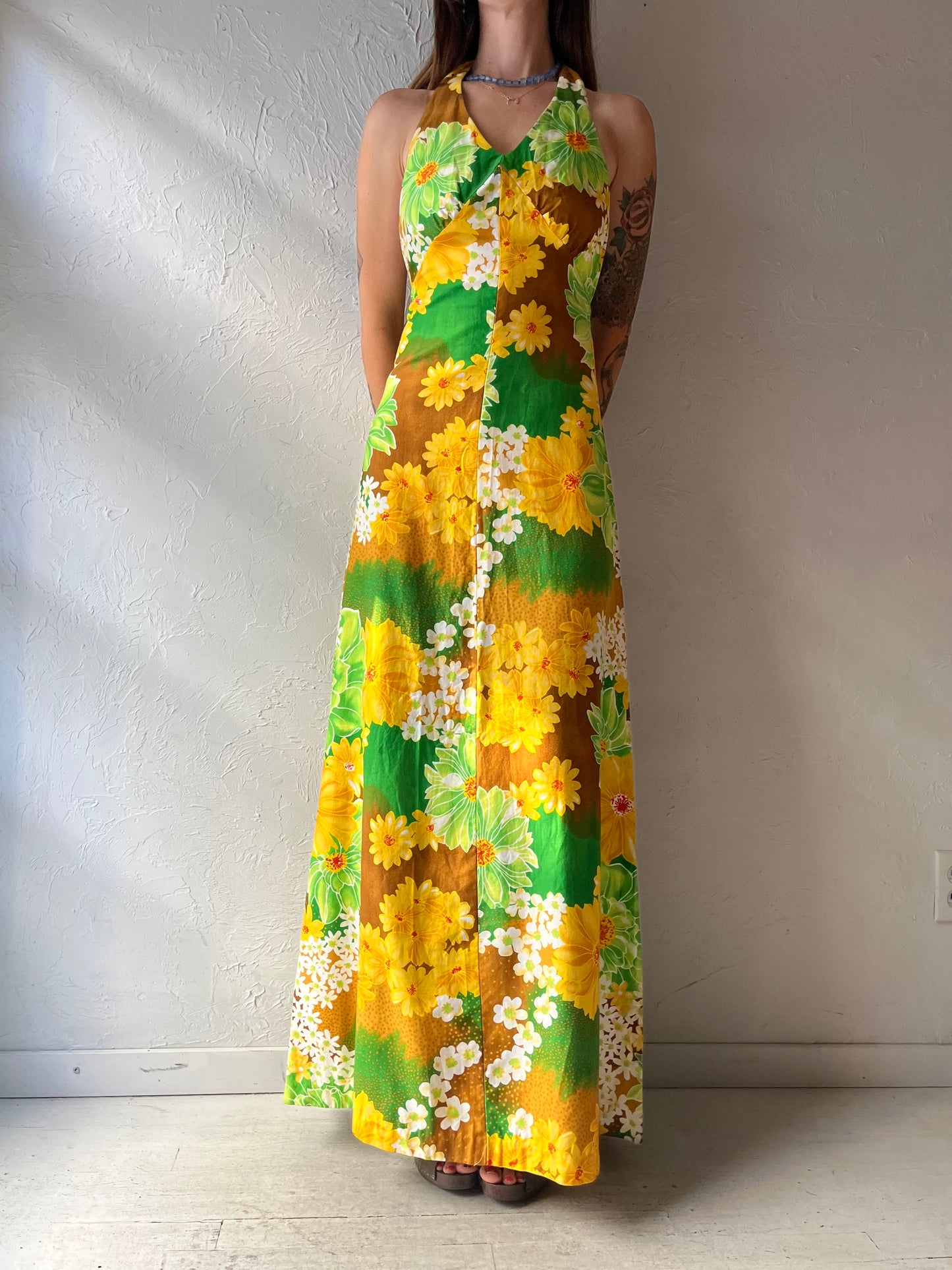 70s 'Marjorie Hamilton' Tropical Cotton Halter Maxi Dress / Small