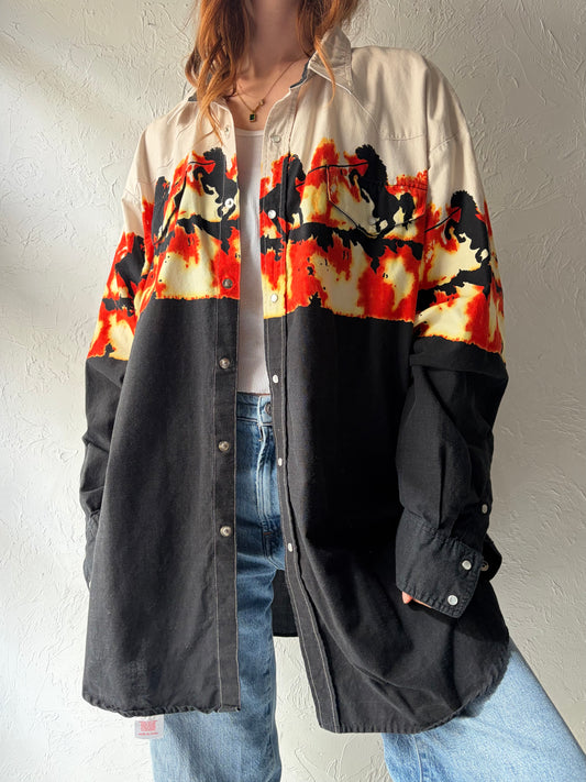 90s 'Ash Creek' Western Pearl Snap Horse Print Shirt / XL