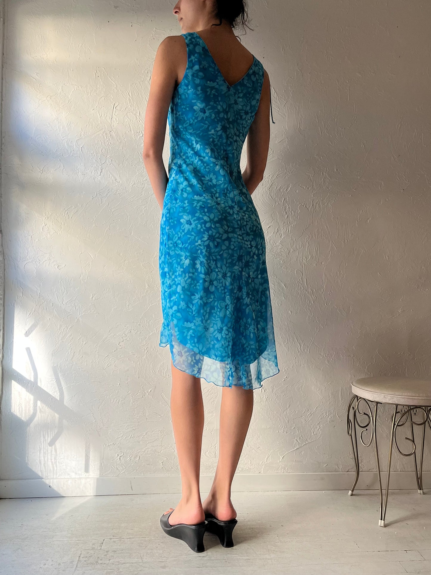 80s 'Laura' Blue Floral Mini Dress / Small