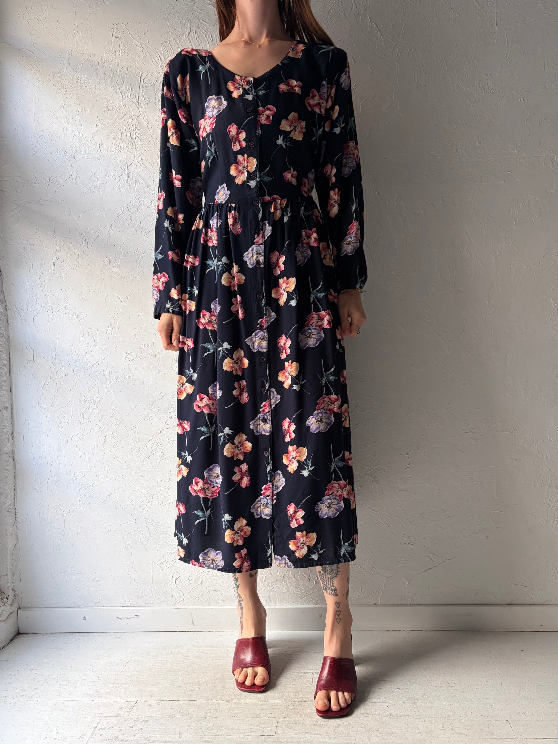 90s '726' Long Sleeve Floral Rayon Dress / Large