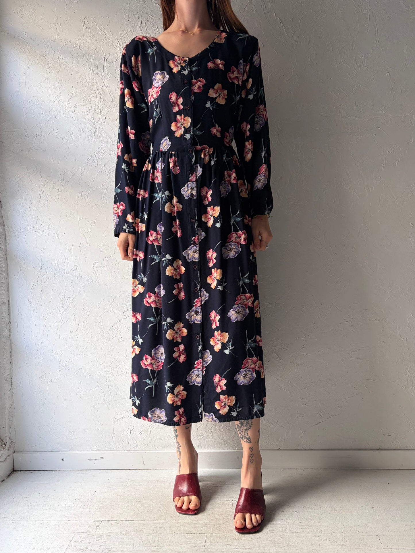 90s '726' Long Sleeve Floral Rayon Dress / Large