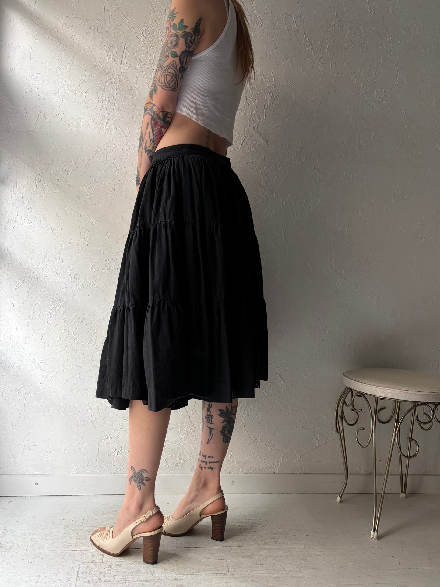 Vintage Black Tiered Midi Skirt / Small - Medium