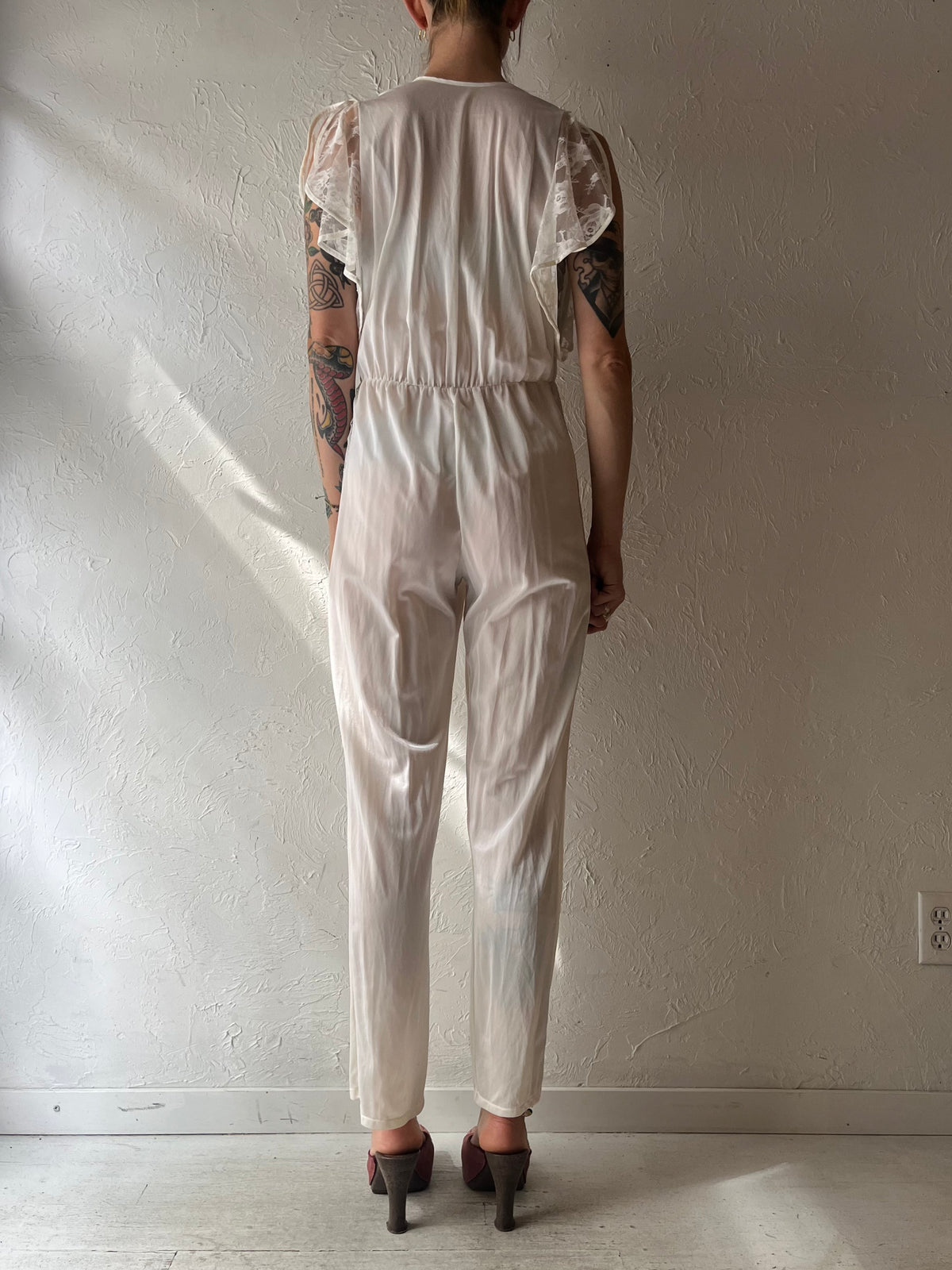 80s 'Belimage' White Nylon Lingerie Jumpsuit / Small