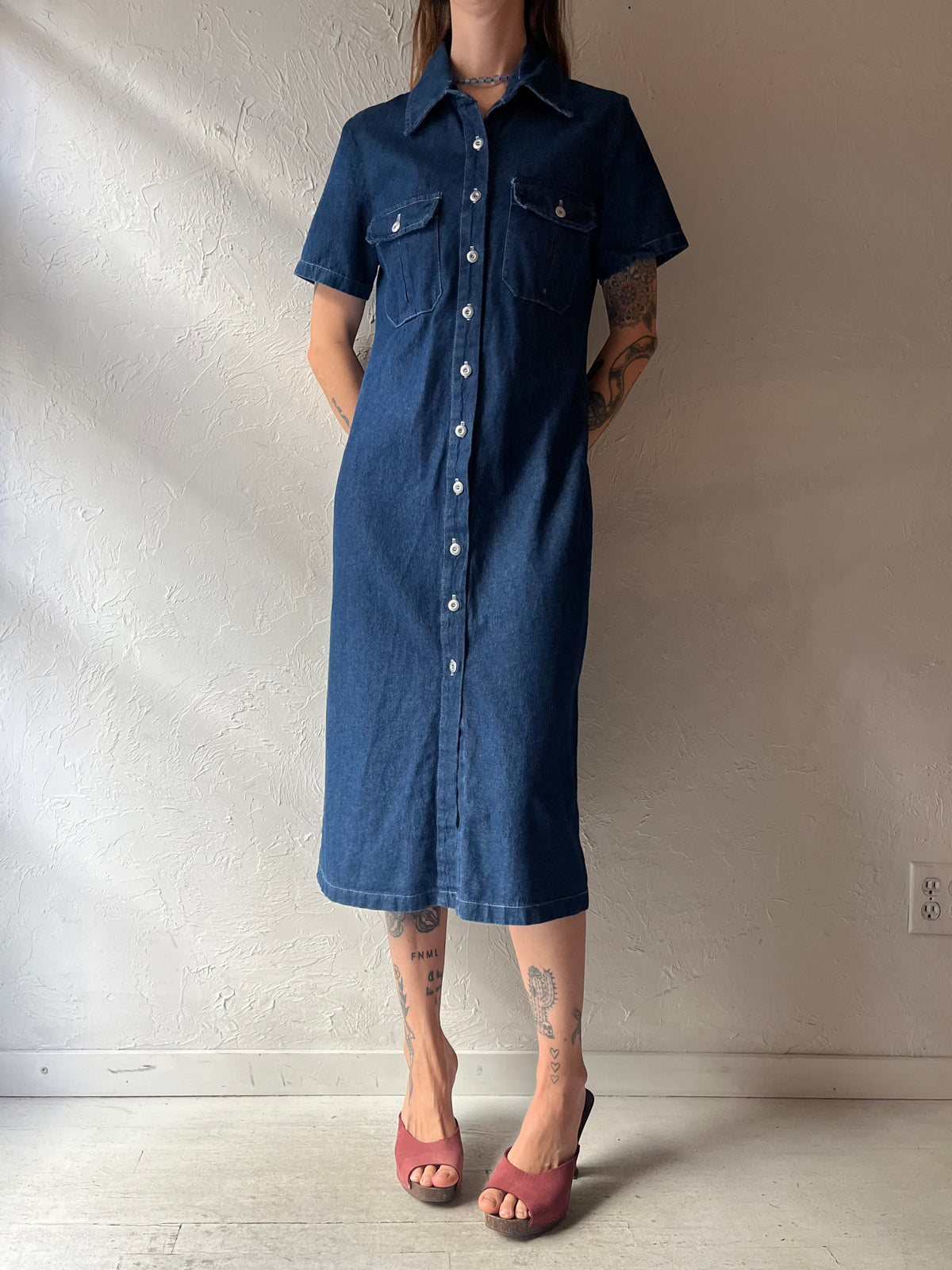 90's 'Tall Girl' Dark Denim Minimalist Western Cottagecore Button Up Maxi Dress / Medium