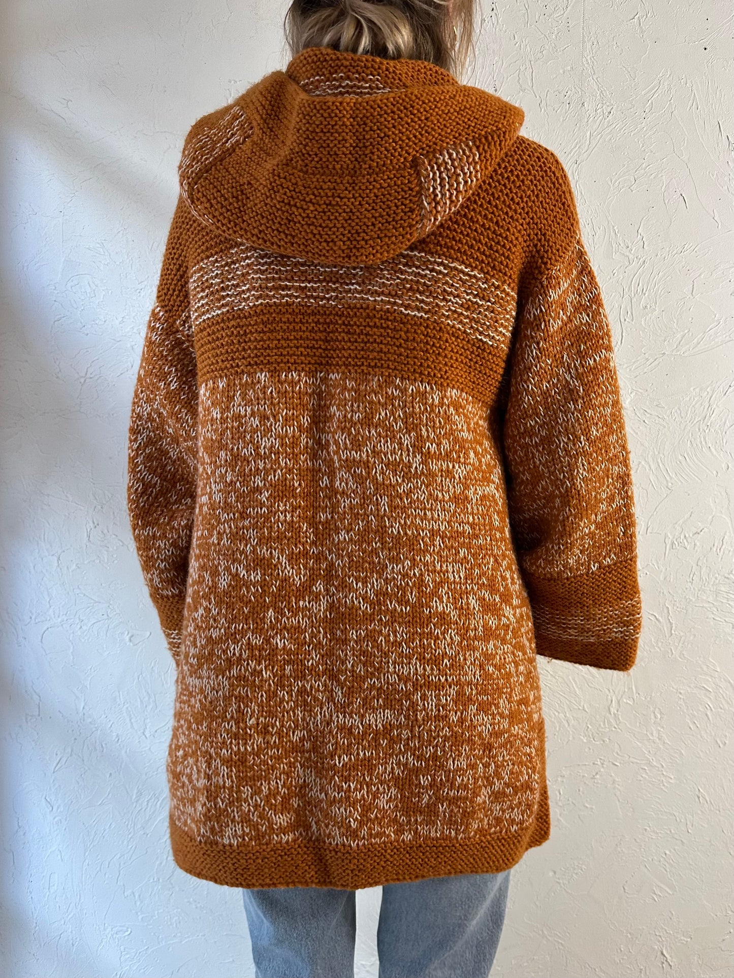 Vintage Orange Hand Knit Hooded Sweater / Medium