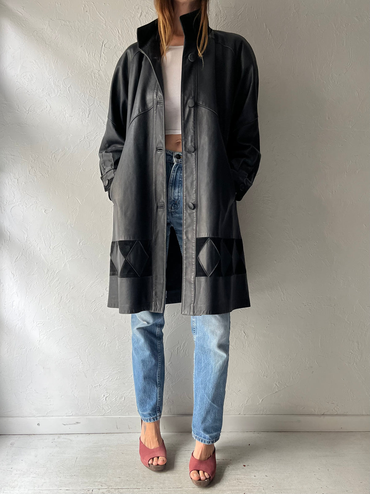 90s 'Western Furs' Black Leather Retro Grunge Minimalist Coat / Small