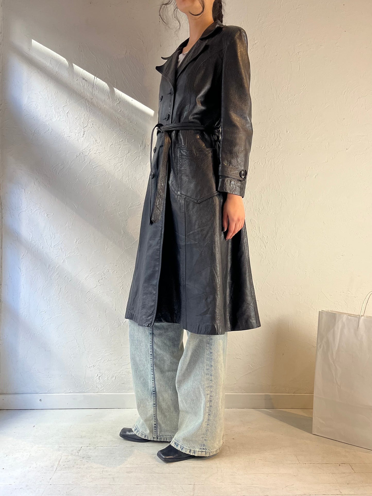 Vintage Black Leather Trench Coat / Small