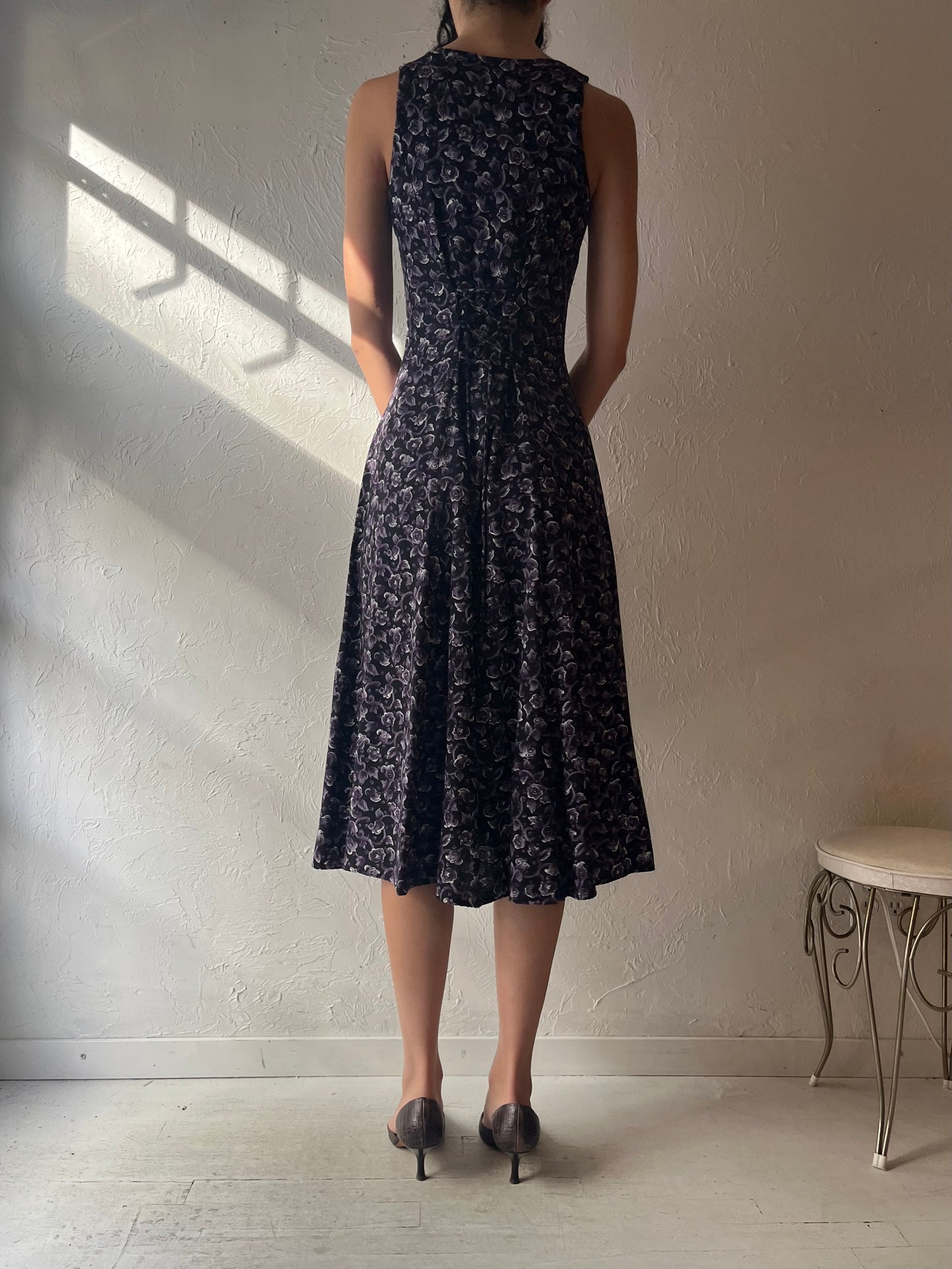 90s 'Paris Sport Club' Purple Floral Dress / Small / 1990s Spring Dress – Vintage 90s Grunge Romantic Dress