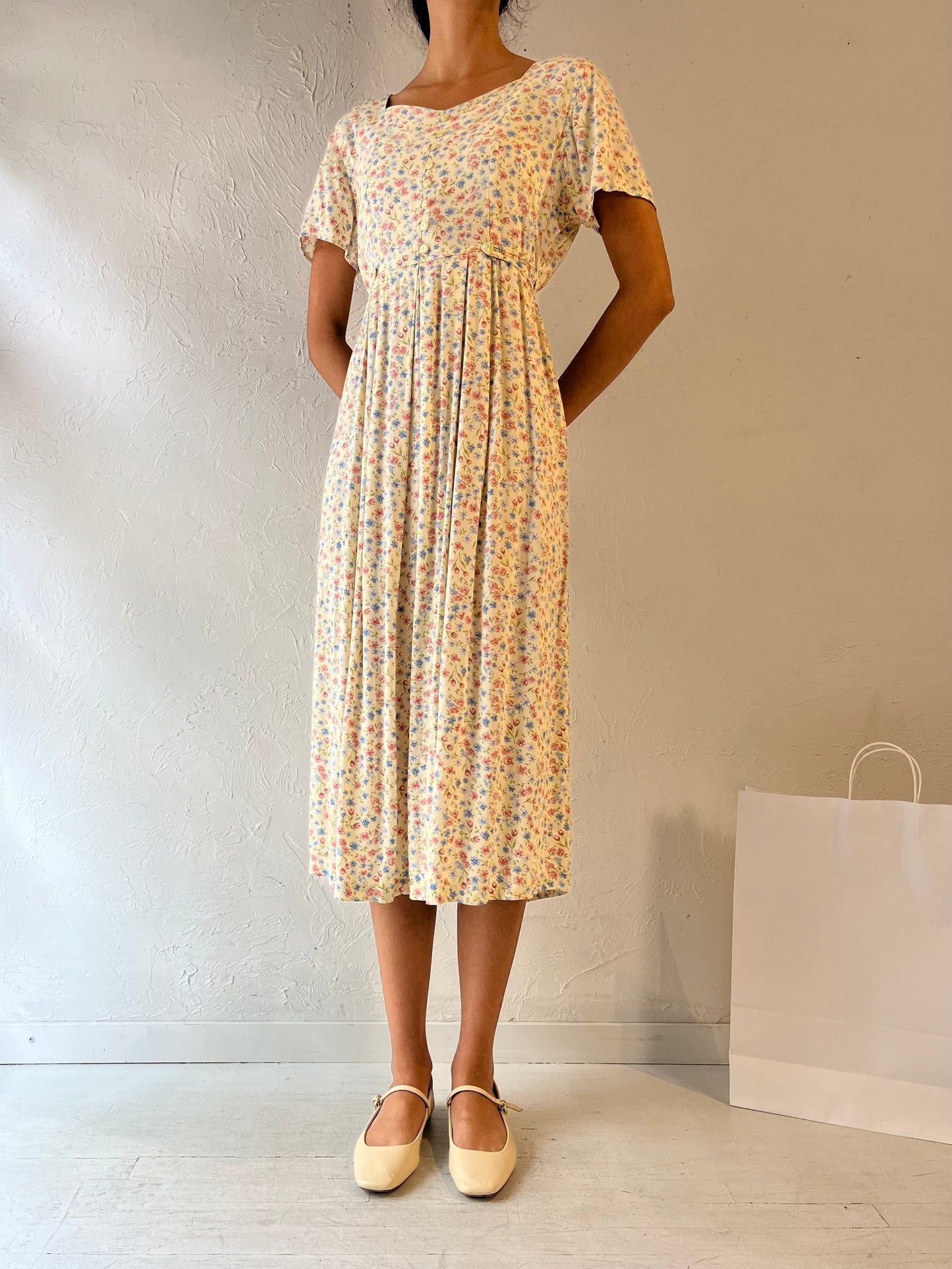 90s 'Erika' Pale Yellow Floral Print Rayon Dress / Medium