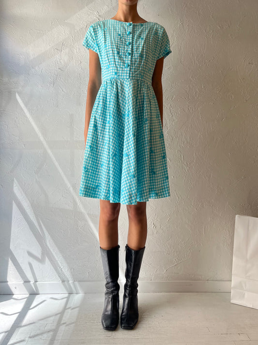 60s Handmade Blue Gingham Dress / Small