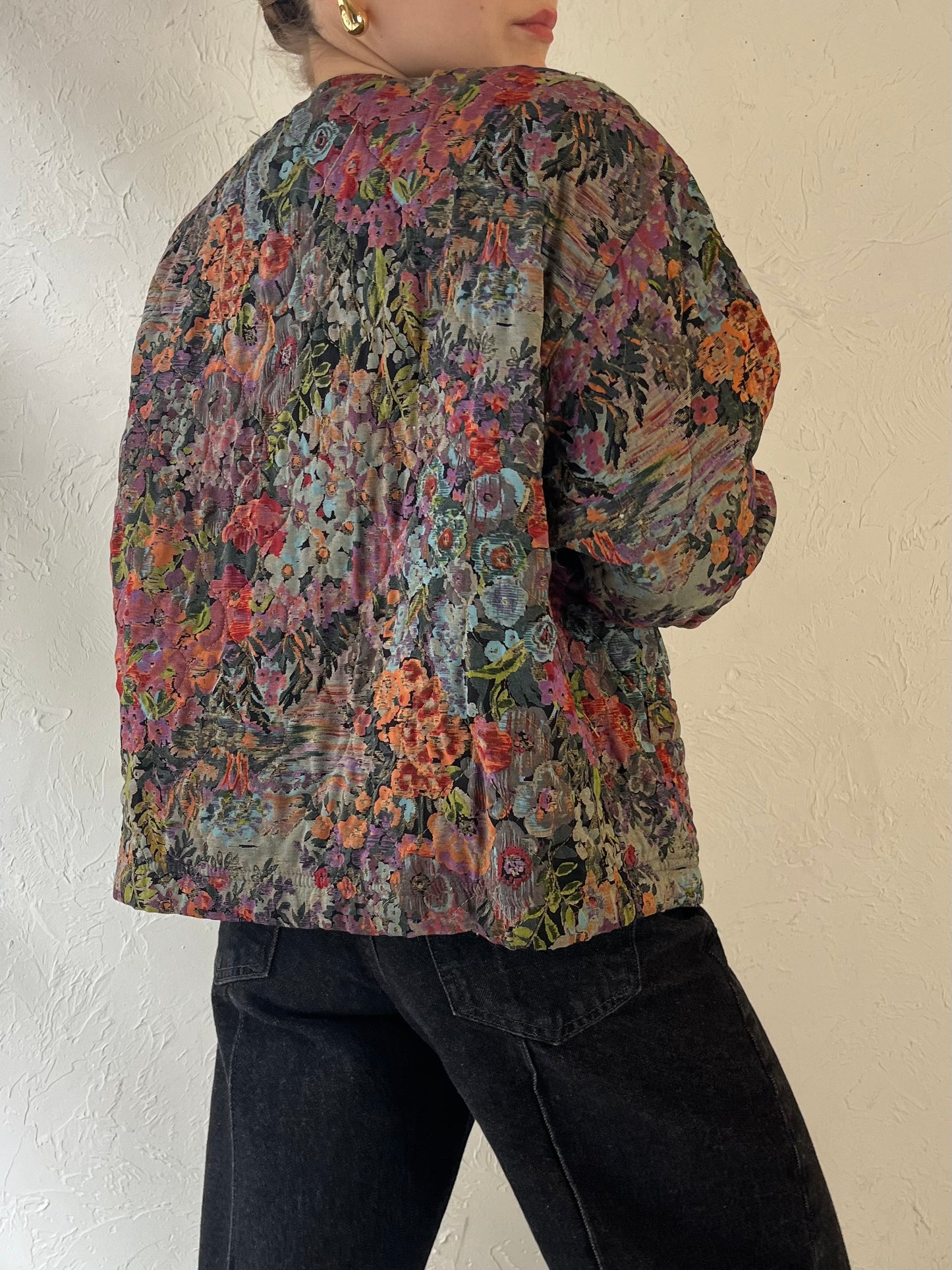 90s 'Carol Little' Quilted Floral Print Rayon Jacket / Medium