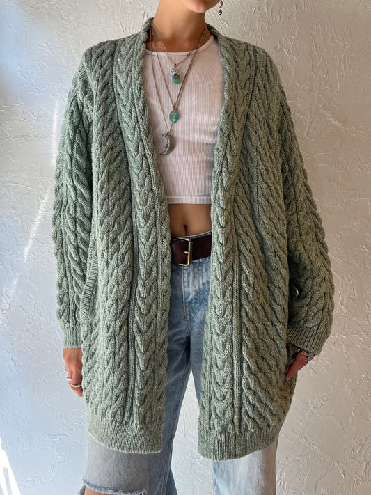 Y2k 'Islander' Green Cable Knit Wool Cardigan Sweater / XL