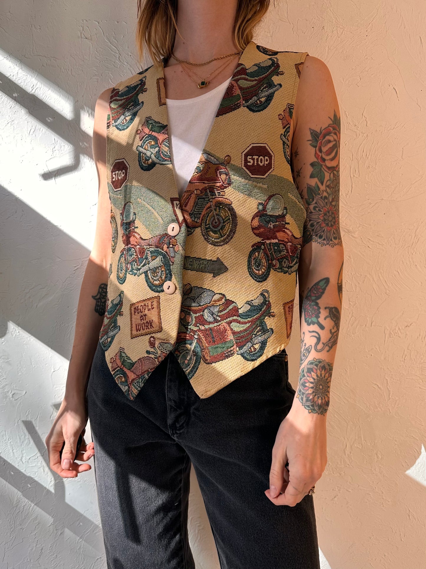 90s 'Facets' Motorcycle Tapestry Vest / Small