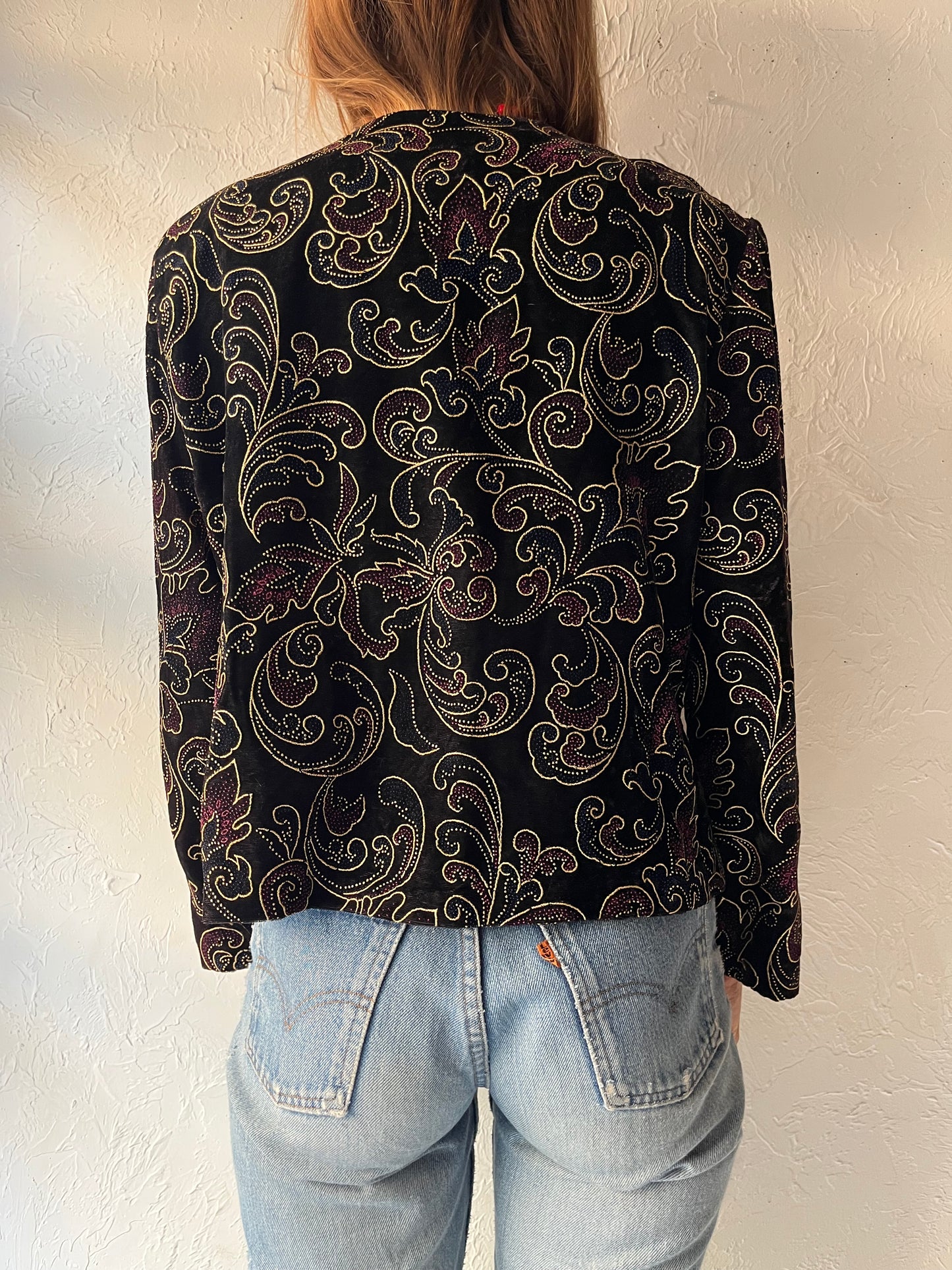 90s 'Trimmings' Black Velvet Floral Jacket / Medium