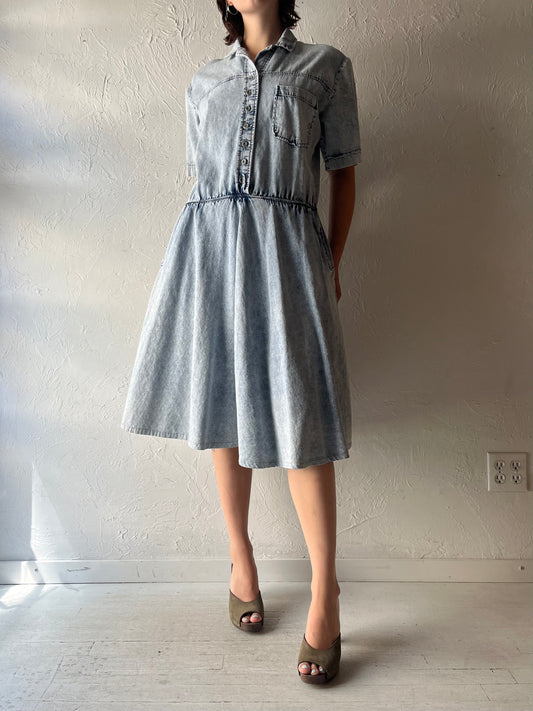 90s 'Two Roads' Acid Wash Denim Retro Grunge Shirt Dress / Medium