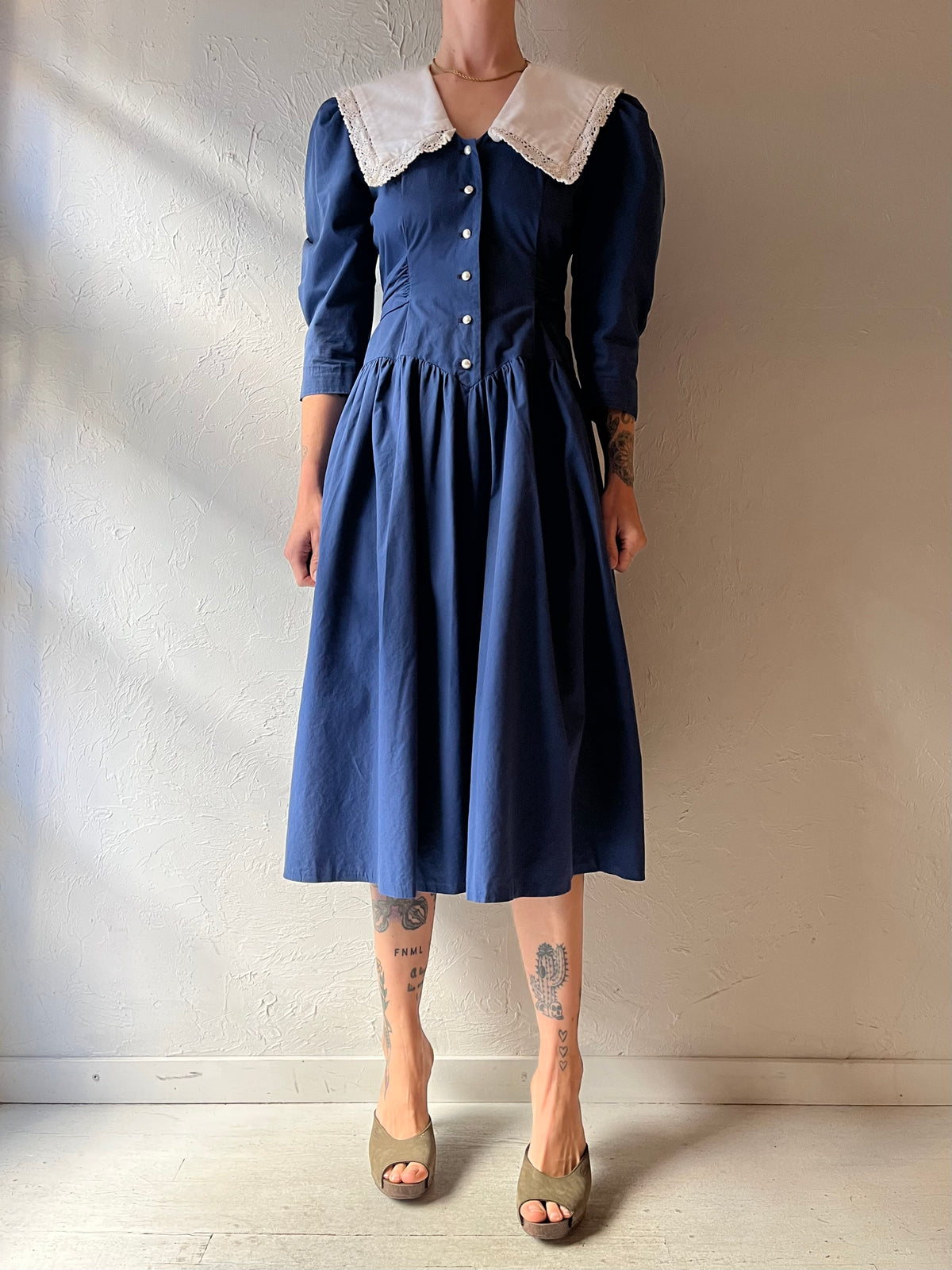 Vintage Handmade Blue Prairie Cottagecore Drop Waist Midi Dress / Small