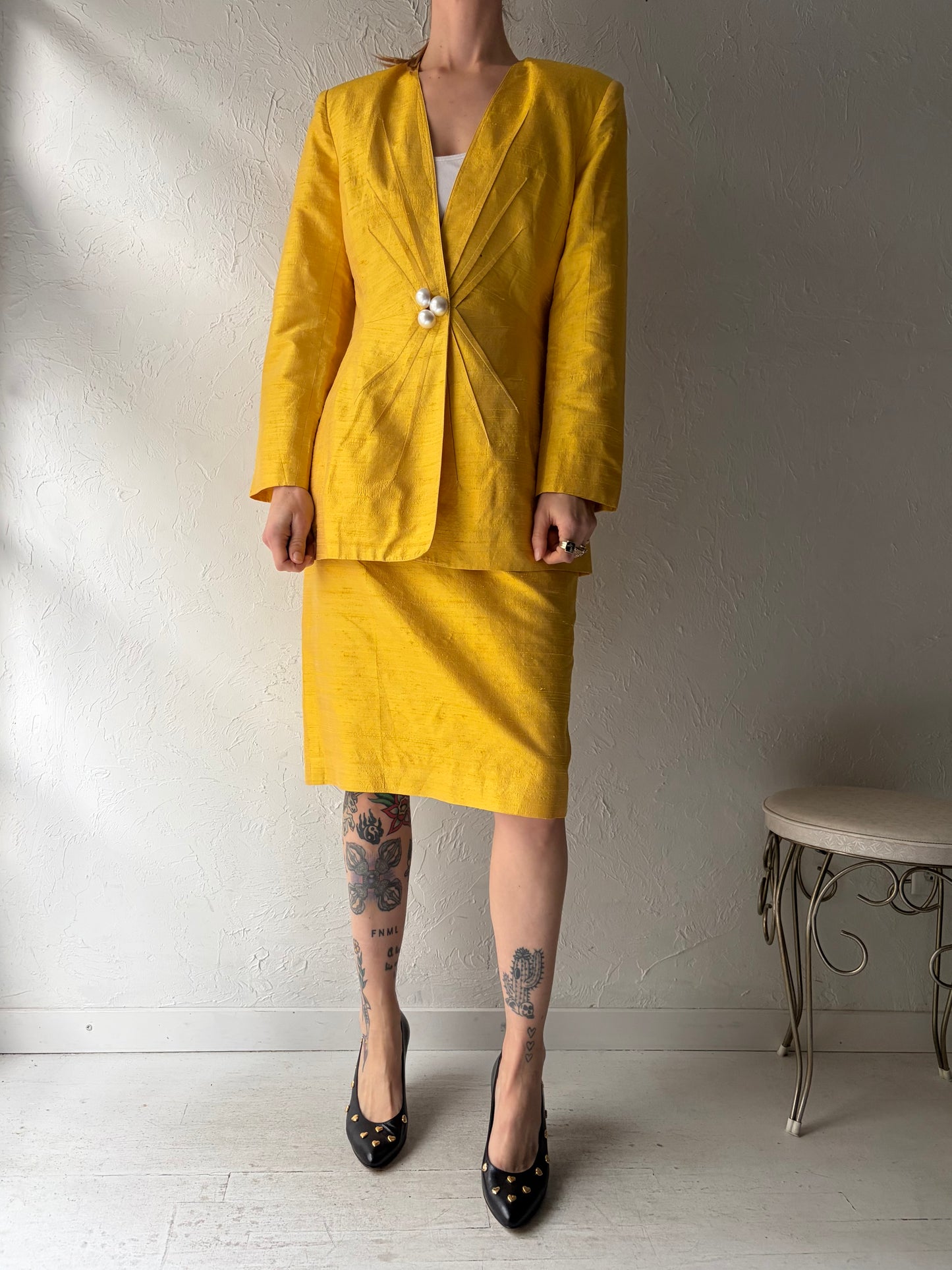 80s 'Raffinati' Two Piece Yellow Silk Suit Skirt Set / Small