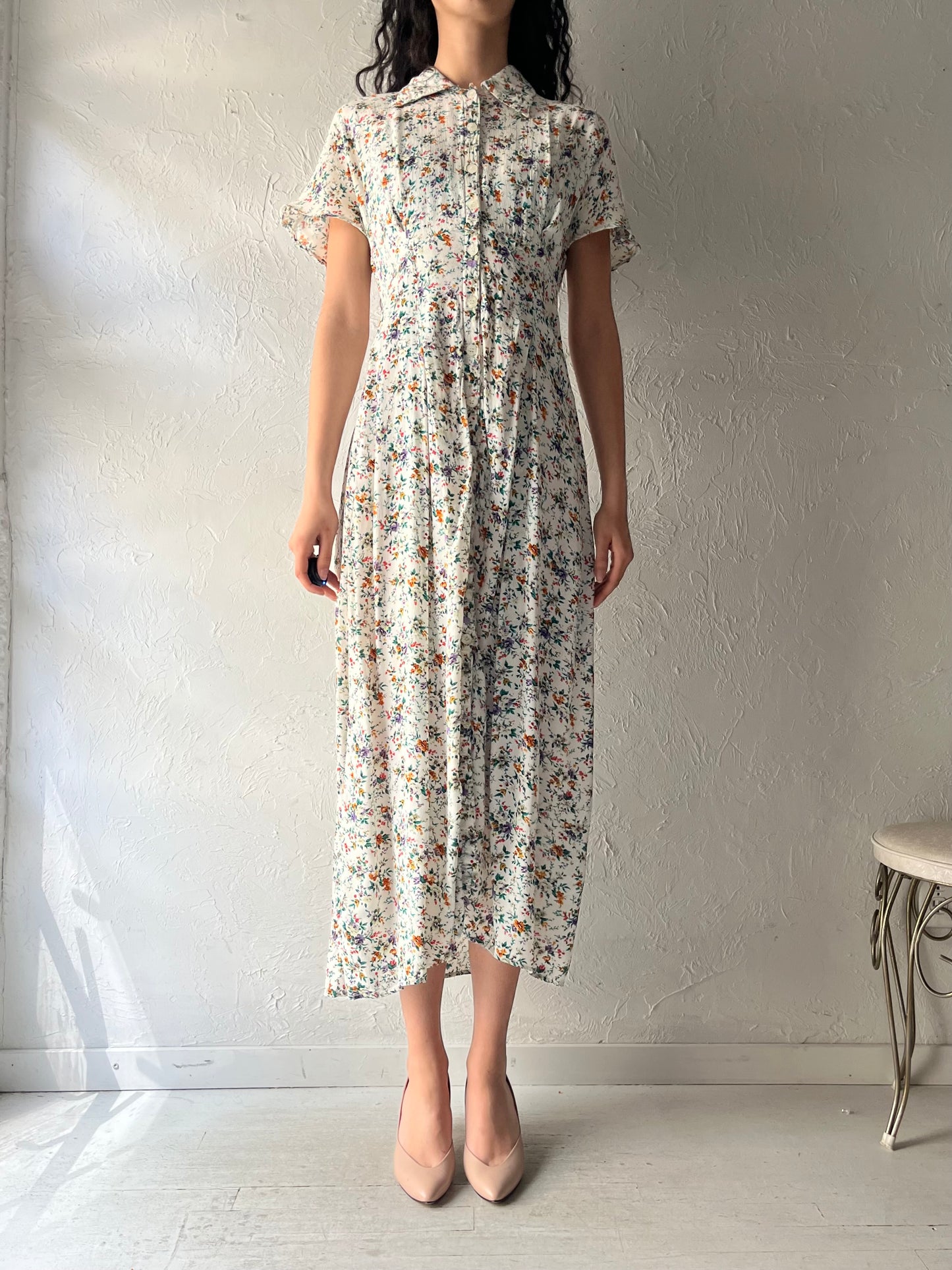 90s 'Equation' Floral Print Rayon Spring Dress / Medium