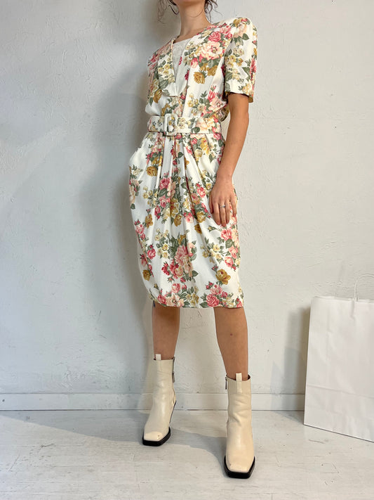 80s 'SL Fashions' Floral Print Midi Dress / Medium