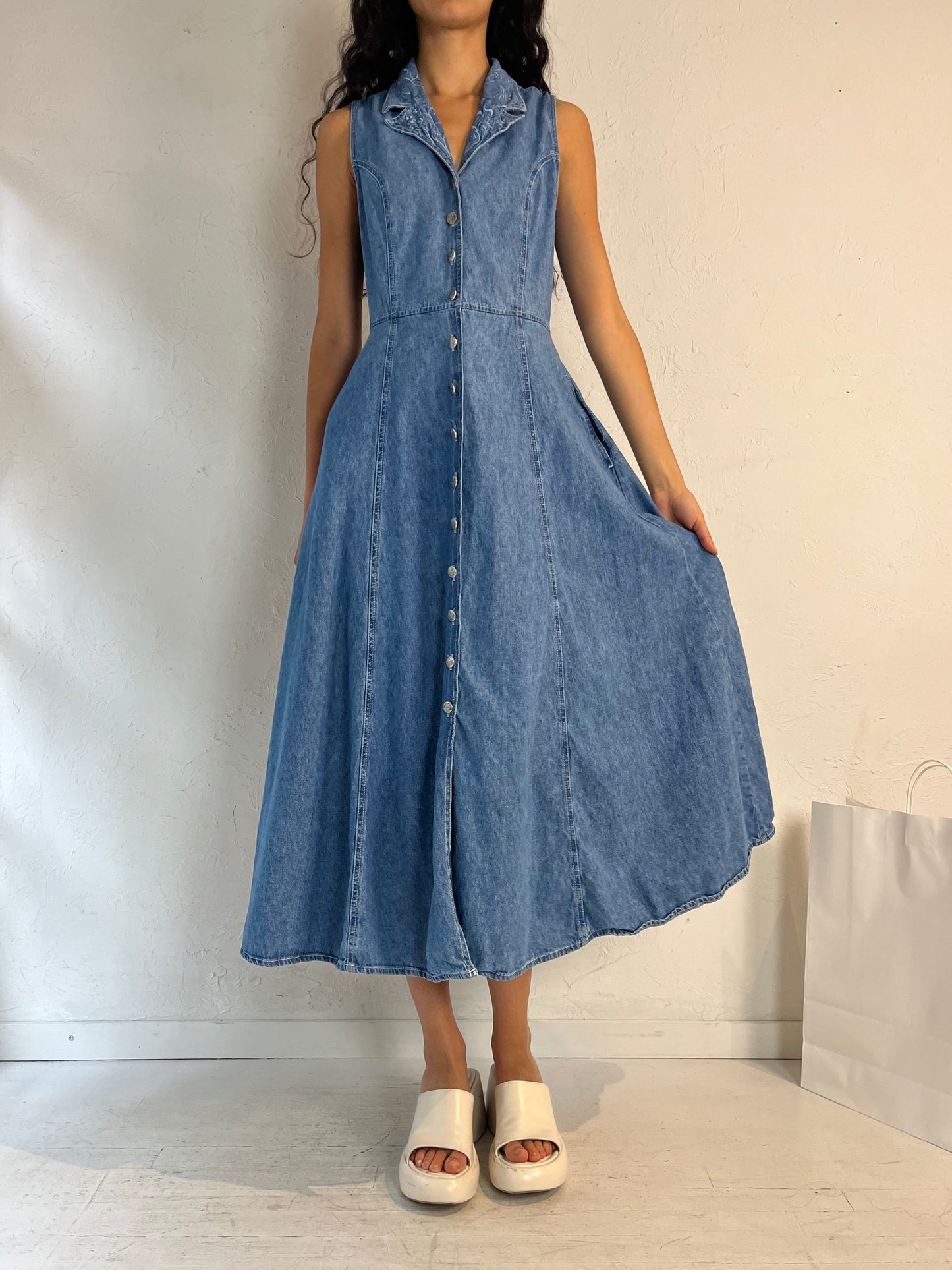 90s 'Cartise' Button Up Denim Maxi Dress / Medium