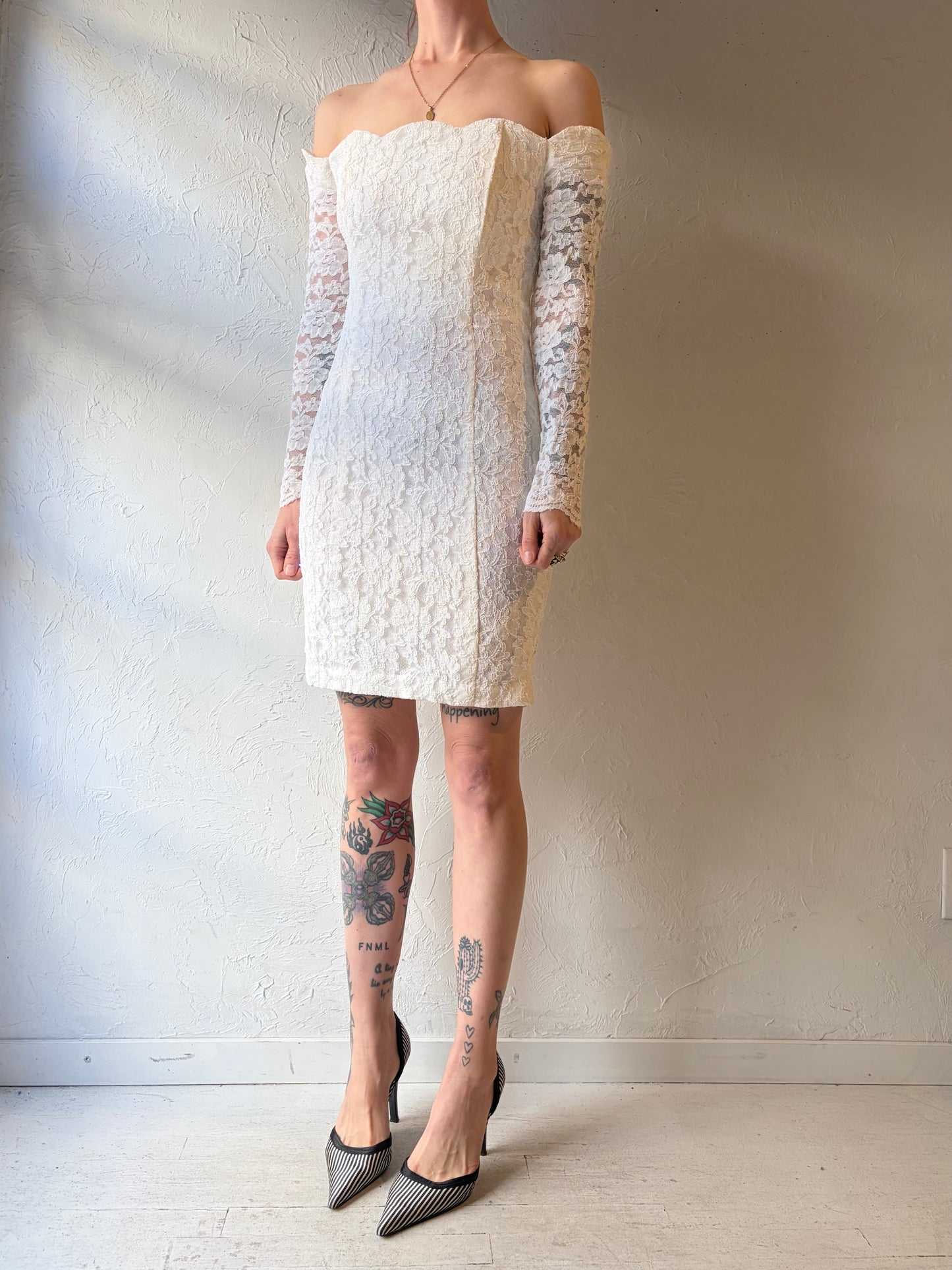 90s 'Onno' White Lace Mini Dress / Small