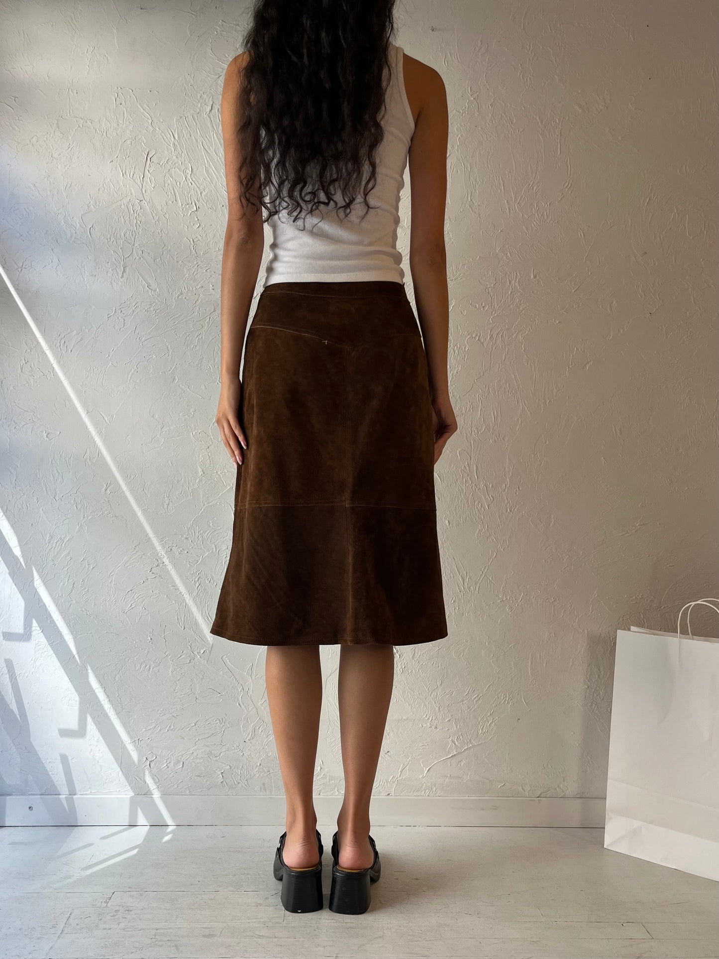 70s 'Elle' Brown Suede Midi Skirt / Small