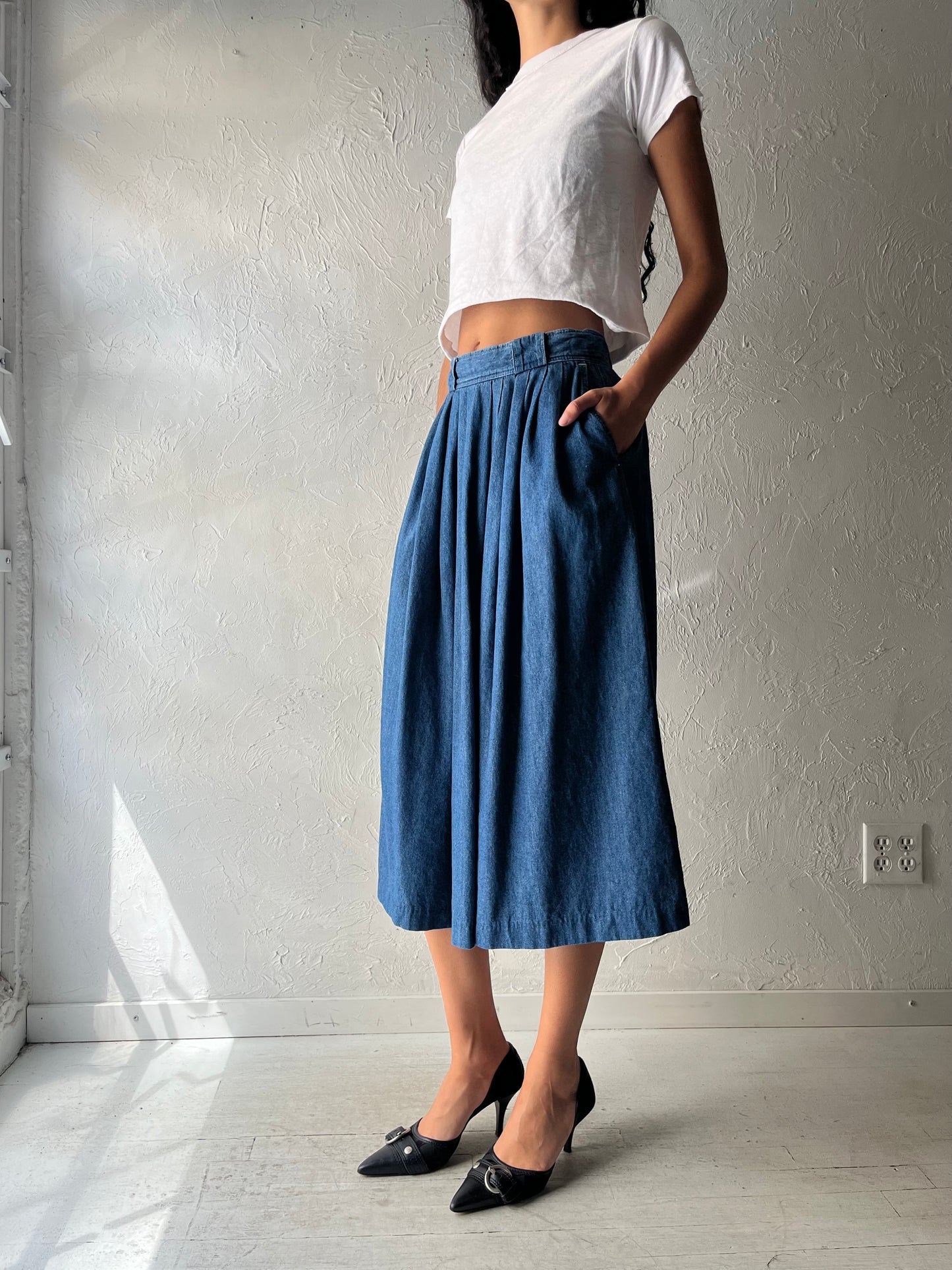 90s 'Seasons' Denim Midi Skirt / Small