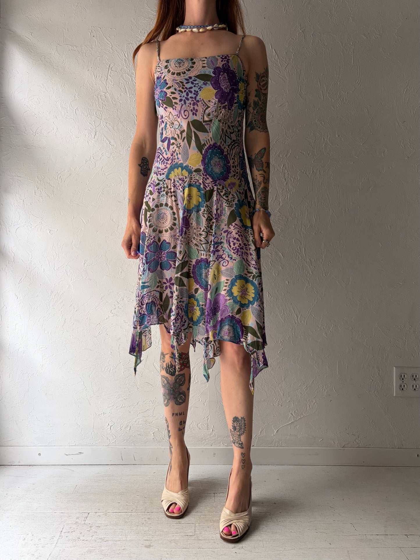 Y2k 'Eva Blue' Beaded Floral Print Midi Dress / Medium