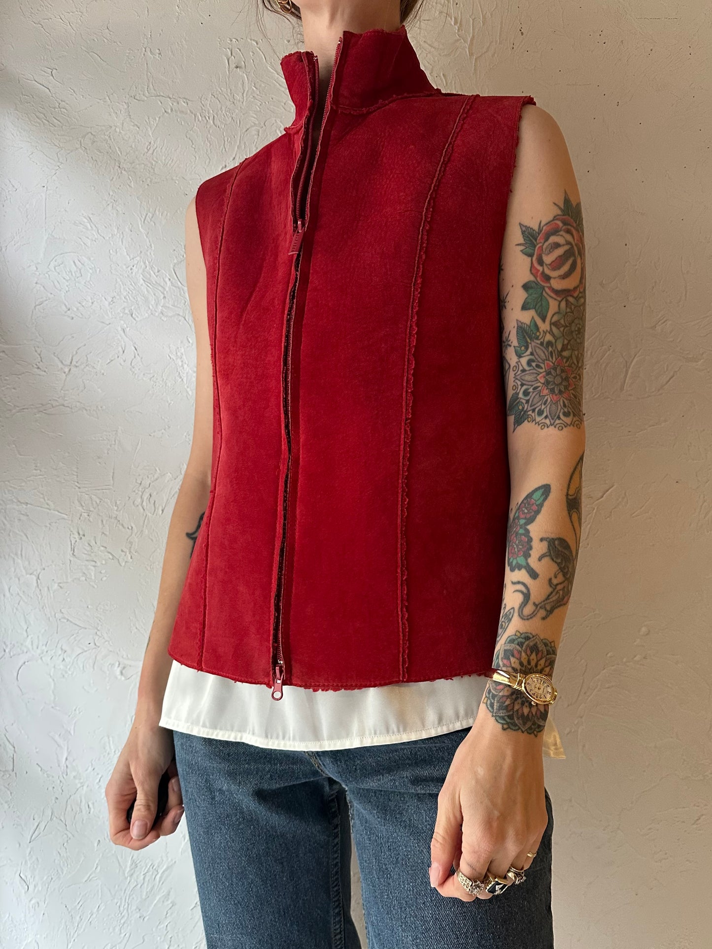 Y2k 'Express vest' Red Suede Leather Vest / Medium