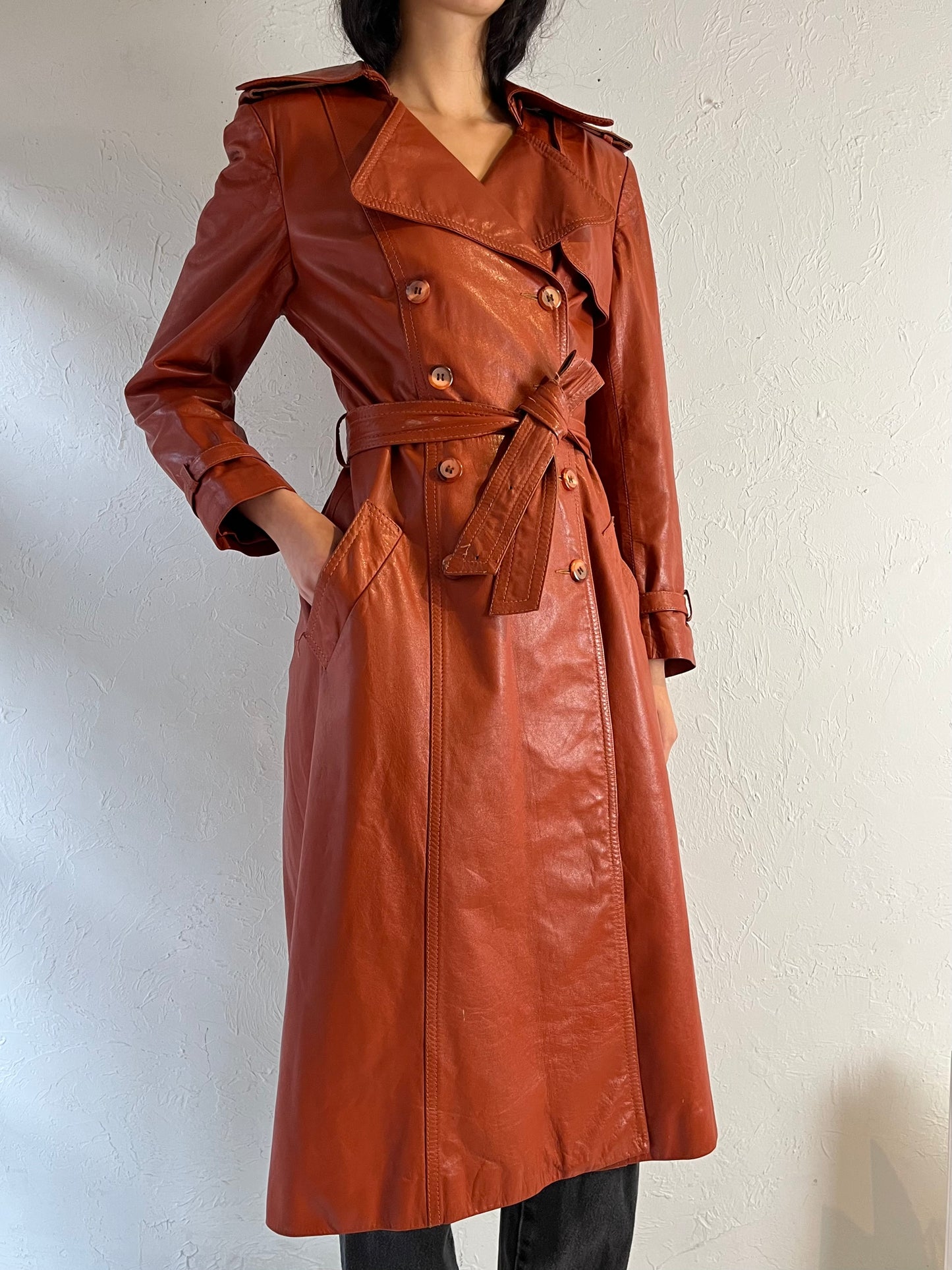 70s ‘Learsi’ Orange Leather Trench Coat / Small